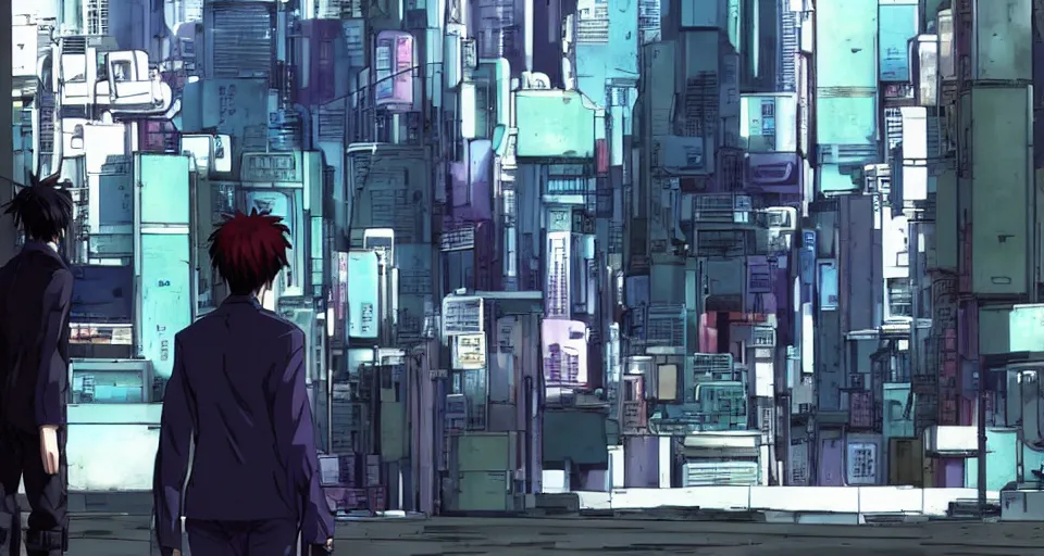 Image similar to Scene within the location called 'Public security section 9'. Cyber anti-crime background environment. Screenshot from an episode of the anime 'Ghost in the shell: Stand Alone Complex' (2003). Produced by 'Production I.G'. Original manga by Masamune Shirow. Art direction by Kazuki Higashiji and Yuusuke Takeda.