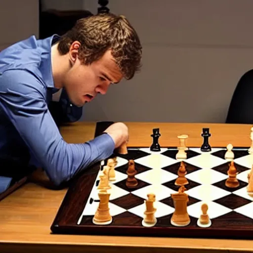 Prompt: Magnus Carlsen flipping the chessboard over in anger