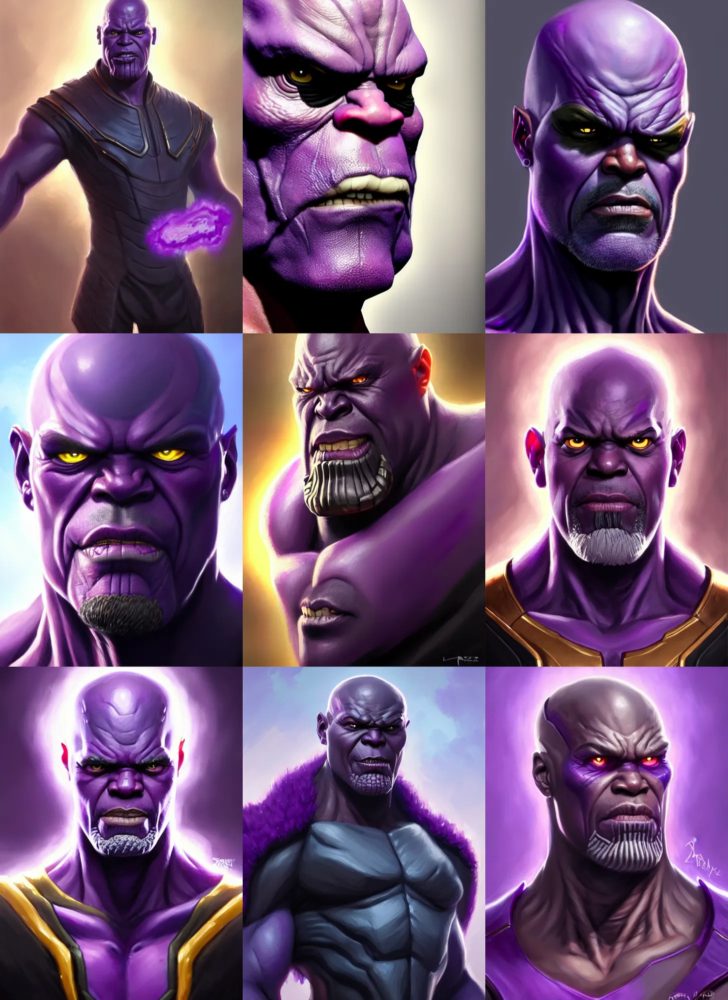 Prompt: a fantasy style portrait painting a character if nick fury and thanos had a son purple skin, powerful chin, thanos style traits, painting, unreal 5, daz., rpg, portrait, extremely detailed, artgerm greg rutkowski _ greg