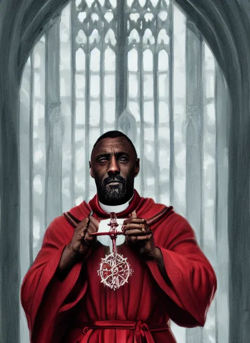 Prompt: a highly detailed illustration of idris elba as a sadistic white haired priest wearing red and white robe, dramatic smiling wielding blade of blood pose, gothic church background, intricate, elegant, highly detailed, centered, digital painting, artstation, concept art, smooth, sharp focus, league of legends concept art, wlop