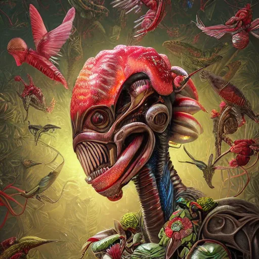 Image similar to head and shoulder portrait of xenomorph alien, surrounded by hummingbirds and fine floral ornaments, eye - level medium - angle shot, floral background, by esao andrews, by m. w. kaluta, by yoshita amano, by giger, moody evening lighting, smooth, 3 d octane render, depth perception, 4 k, artstation