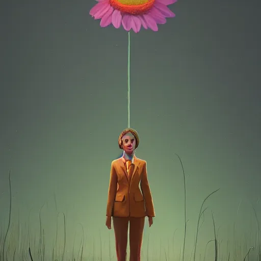 Image similar to giant daisy flower uber head, frontal, a girl in a suit, surreal photography, sunrise, dramatic light, impressionist painting, digital painting, artstation, simon stalenhag