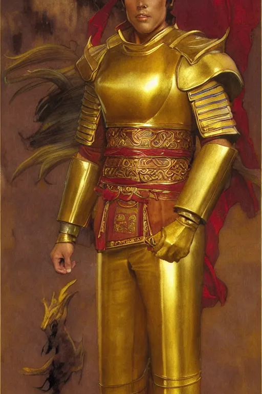 Image similar to tales of earthsea, attractive male with golden armor, ming dynasty, character design, painting by gaston bussiere, craig mullins, j. c. leyendecker, tom of finland