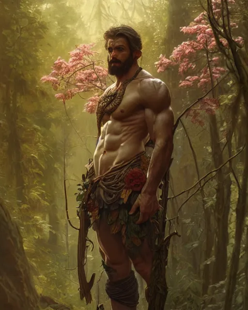 Prompt: god of the forest, 3 0 years old, rugged, male, gorgeous, detailed face, flowers, amazing, muscular, intricate, highly detailed, digital painting, artstation, concept art, sharp focus, illustration, art by greg rutkowski and alphonse mucha