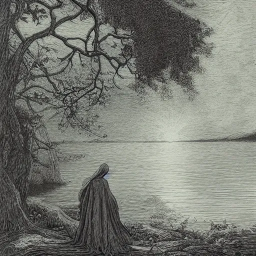 Image similar to a beautiful woman at a lake, forest, dark clouds, moon, nightsky, moonrays, shadows, high detail, illustration by Gustav Doré