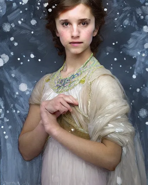 Prompt: a portrait painting of a shy, blushing 1 6 - year old alicia vikander or millie bobby brown as a princess of the ice and snow, in a snowy setting at night, intricate, elegant, highly detailed, artstation, concept art, by krenz cushart and donato giancola and william adolph bouguereau and alphonse mucha