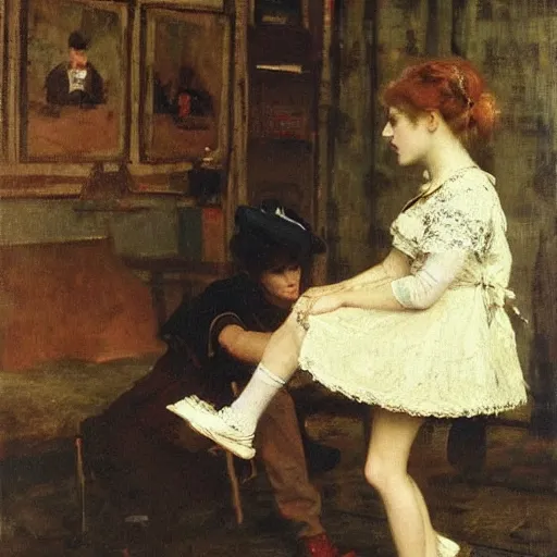 Prompt: solving a riddle by alfred stevens