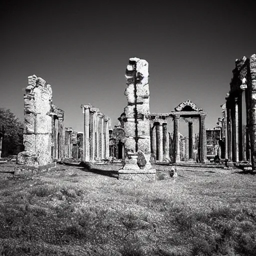 Prompt: infrared photograph of an eerie alien landscape of ancient ruins by james gurney