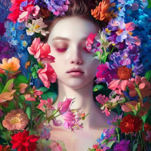 Image similar to a bouquet of colorful flowers, flowers with very long petals, light and shadow, glowing, vivid, hidden soft and delicate female hands, no faces, detailed painting, by James Jean and Ross Tran, masterpiece, award winning painting