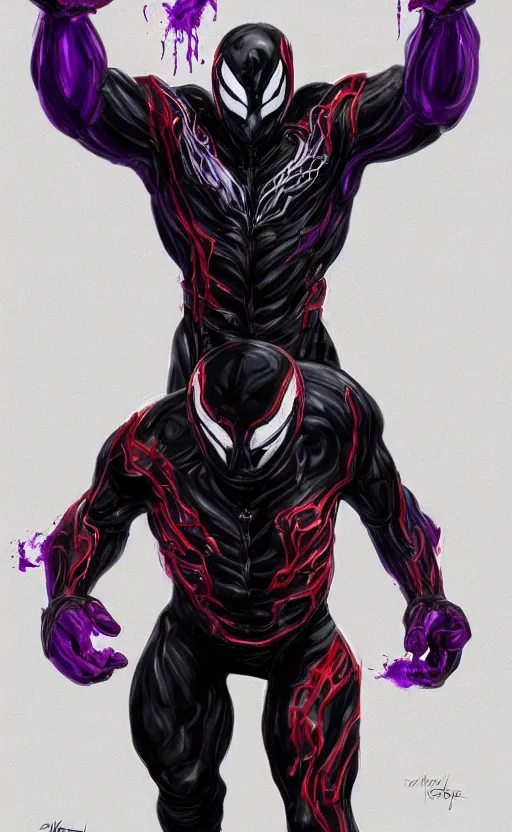 Image similar to venom in a venom inspired ironman suit, purple, black and red, dynamic lighting, photorealistic fantasy concept art, trending on art station, stunning visuals, terrifying, creative, cinematic