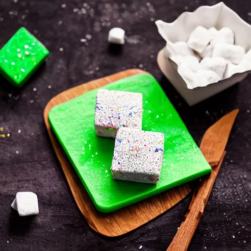 Image similar to photograph of a marshmallow cube with sprinkles and chocolate flakes on a dark wooden chopping board, light green pastel, hessian cloth, styled food photography, photorealistic, 4 k