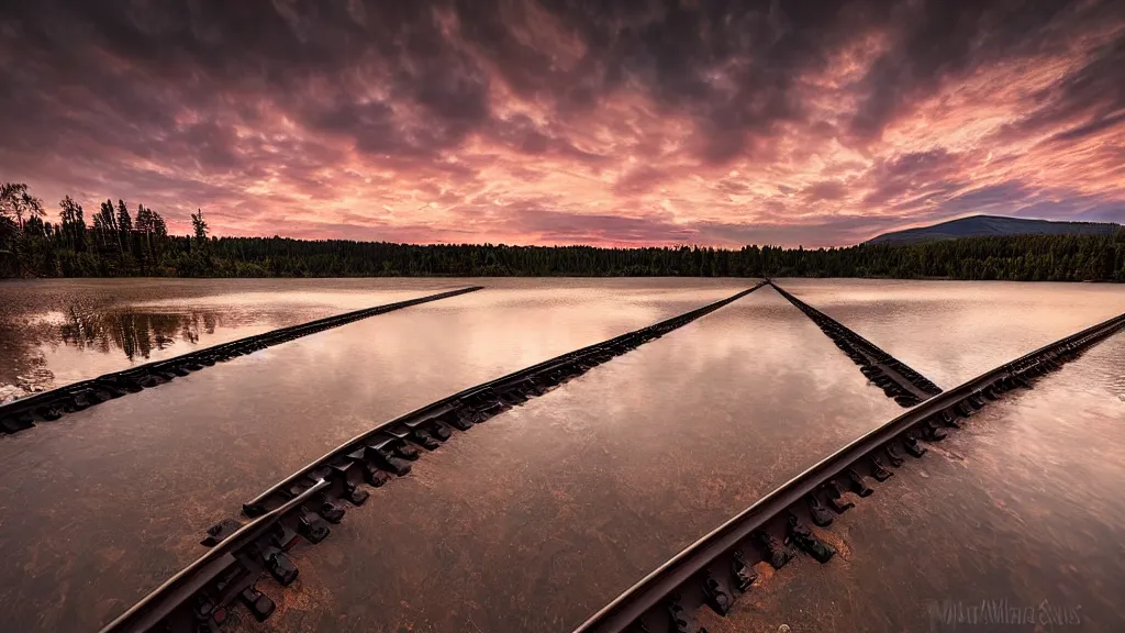 Image similar to amazing landscape photo of a lonely train track over a lake in sunset by marc adamus, beautiful dramatic lighting