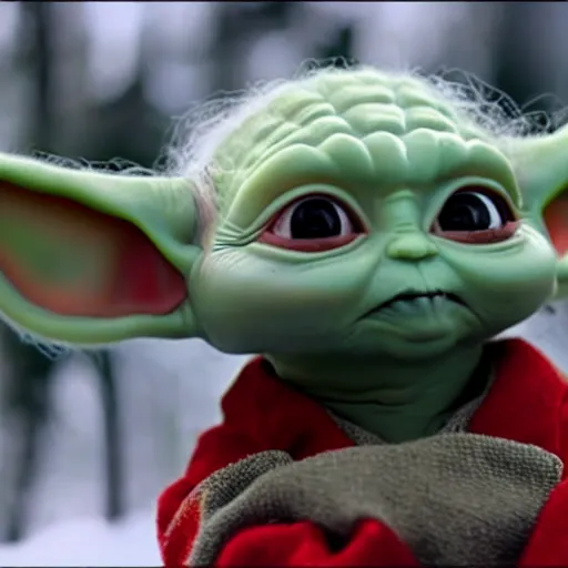 Prompt: , baby yoda wears a christmas outfit in front of a christmas tree. there is snow everywhere. realism, 8 k, 4 k, mandalorian ( tv ).