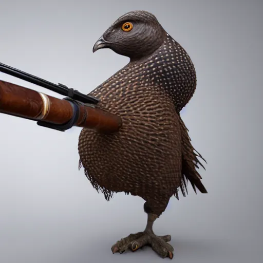 Image similar to a 3 d model of a grouse holding a blunderbuss, studio lighting, octane render, hyper detailed, product photography, 8 k, highly detailed