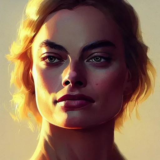 Image similar to “Portrait of Margot Robbie by Greg Rutkowski, young, attractive, highly detailed portrait, scifi, digital painting, artstation, concept art, smooth, sharp foccus ilustration, Artstation HQ”