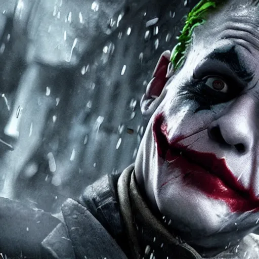 Image similar to the joker 2 0 1 9 in gears of war, splash art, movie still, detailed face, photorealistic facial features, cinematic lighting, dramatic, octane render, long lens, shallow depth of field, bokeh, anamorphic lens flare, 8 k, hyper detailed, 3 5 mm film grain