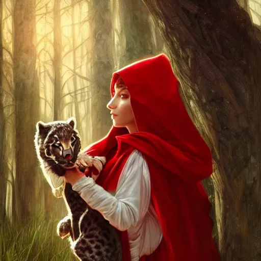 Prompt: Beautiful face Portrait of Little Red Riding Hood with a silver panther, dramatic lighting, intricate, wild, highly detailed, digital painting, artstation, concept art, smooth, sharp focus, illustration, art by artgerm and greg rutkowski and alphonse mucha, footage from space camera