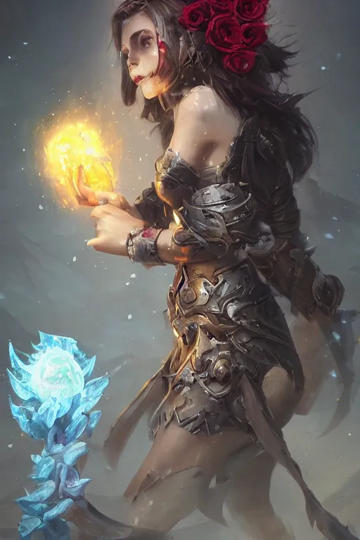 Prompt: beautiful girl necromancer covered with ice exploding into blood, practical armor, heroes of the storm, 3 d render, hyper realistic detailed portrait, holding magic flowers, ruan jia, wlop. scifi, fantasy, hyper detailed, octane render, concept art, peter mohrbacher