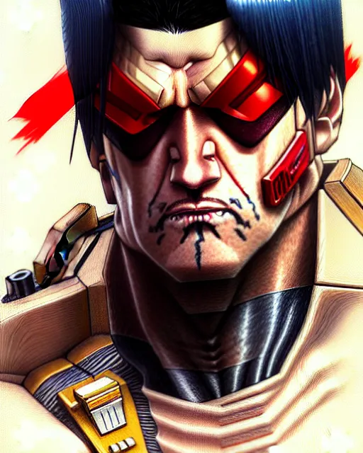 Image similar to well drawn animation portrait Anime Stallone Judge Dredd Sharp fine face, realistic shaded Perfect face, fine details. Anime. cyberpunk realistic shaded lighting by katsuhiro otomo ghost-in-the-shell, magali villeneuve, artgerm, rutkowski Jeremy Lipkin and Giuseppe Dangelico Pino and Michael Garmash and Rob Rey