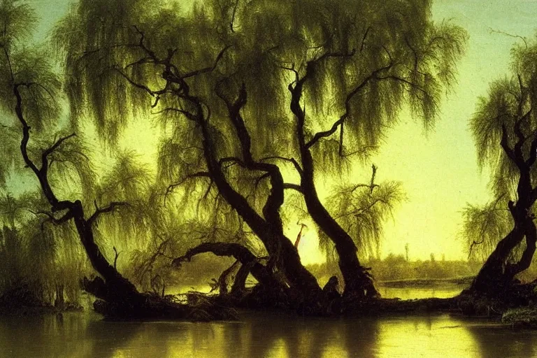 Prompt: oil painting of a willow tree next to a raging river by albert bierstadt