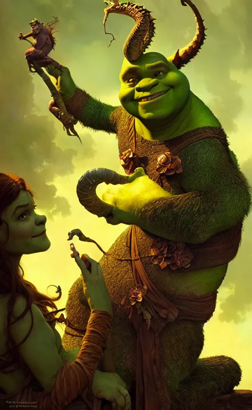 Image similar to shrek dragon gorgeous lighting by weta studio, mucha, bautista and norman rockwell and greg rutkowski and tom bagshaw and james gurney and lucasfilm