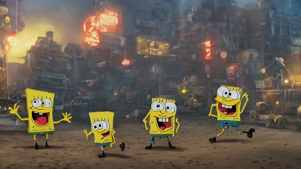 Image similar to spongebob squarepants as a navy seal, in a gun fight in an unknown city, wide shot, 3 d, hyperrealistic, rendered in octane, by yuumei, bayard wu, wlop, tim white, ross tran, 4 k