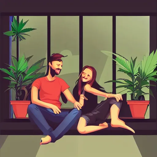 Prompt: couple happy on balcony with marijuana plant. centered median photoshop filter cutout vector behance artgem hd jesper ejsing!