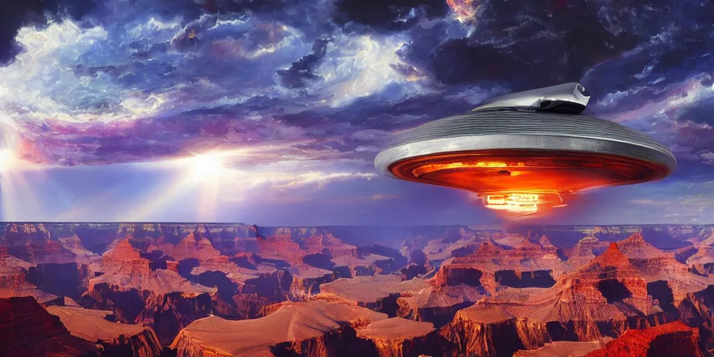 Image similar to An alien spaceship hovering over the Grand Canyon, cinematic lighting, detailed oil painting, hyperrealistic, 8k