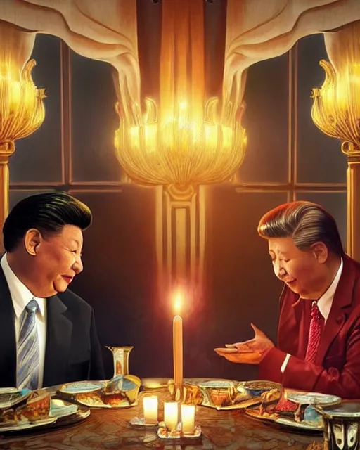 Prompt: Donald Trump and xi jinping having a romantic dinner with candles, Gloomhaven, matte painting concept art, art nouveau, beautifully backlit, swirly vibrant color lines, fantastically gaudy, aesthetic octane render, 8K HD Resolution