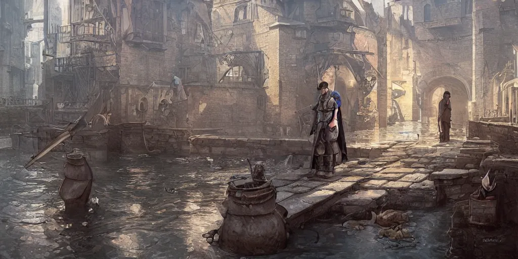 Prompt: empty medieval port town docks sewers are clogged with silt and debris, pokemon sword and sheild, bright future, social realism, highly detailed, digital painting, artstation, concept art, matte, sharp focus, illustration, art by artgerm and greg rutkowski and alphonse mucha