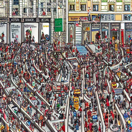 Image similar to a highly detailed Where's Waldo? drawing of a busy city, many people, high density, traffic, city centre, many details, Where's Wally?, Waldo, complex, by Martin Hendford