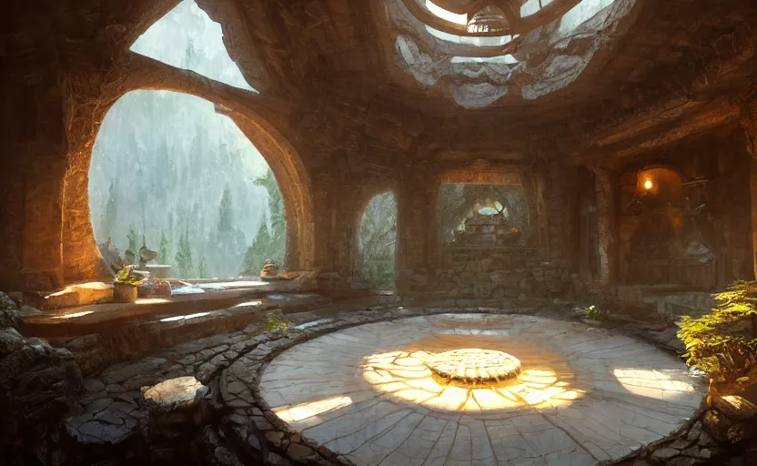 Prompt: painting of an interior of a hidden circular complex carved inside a mountain living quarters overlooking the great room, small hot spring and lush garden outside, other bedrooms can be seen, natural light, fantasy, natural light, concept art, by greg rutkowski and craig mullins, cozy atmospheric and cinematic lighting, trending on artstation