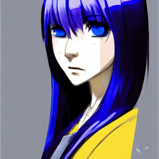 Image similar to profile shot of rimuru tempest, sky blue straight hair, long bangs, gold eyes, amber eyes, wearing a black jacket with white stripes, high collar, ultra detailed, wild brush strokes, digital painting, cinematic, wlop, pixiv, color block, eerie, scary, yoshitaka amano, ilya kuvshinov, andy warhol