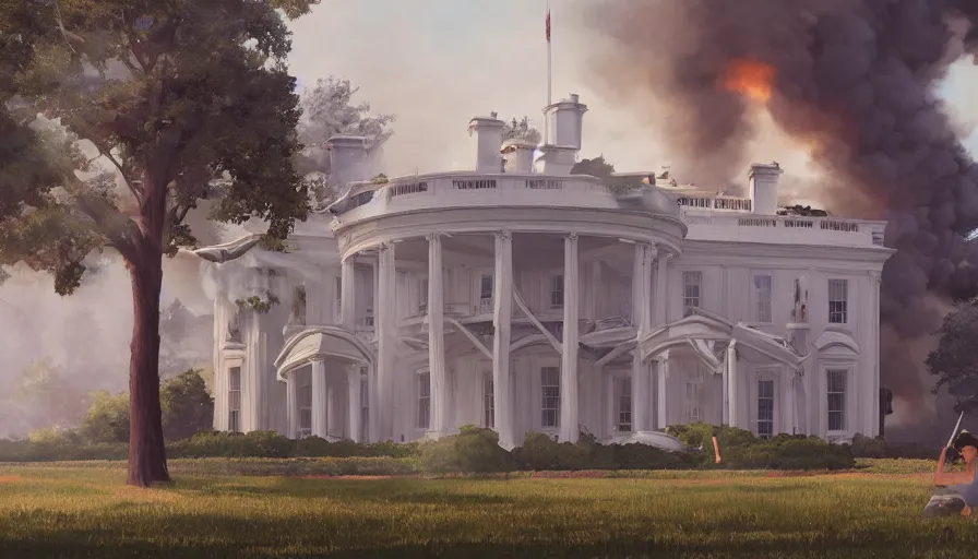 Image similar to A highly detailed matte painting of american white house castle on fire, expliosion and smokes, by Studio Ghibli, Makoto Shinkai, by Artgerm, by WLOP, by Greg Rutkowski, volumetric lighting, octane render, 4K resolution, trending on artstation, masterpiece