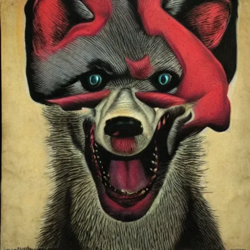 Image similar to ugly portrait of retarded wolf, eyes in different directions, rabies, big teeth, propaganda style, vivid colors