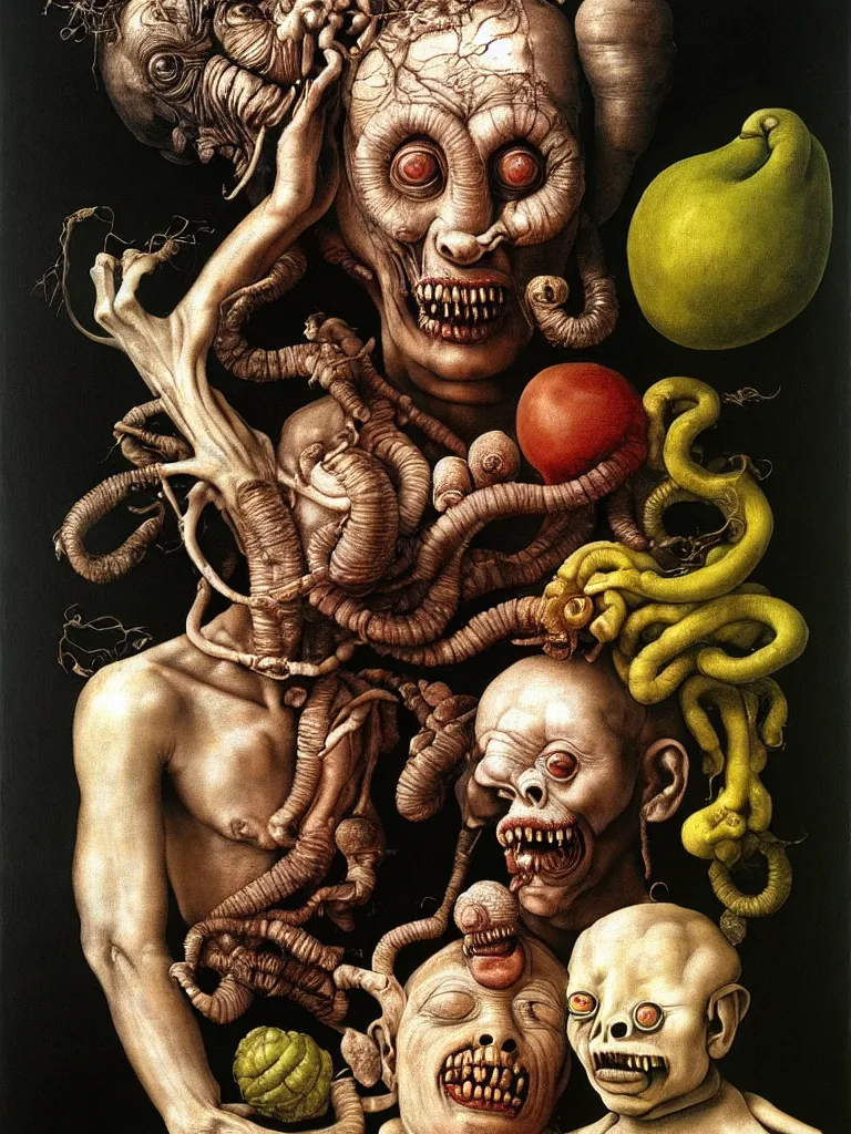 Image similar to a boy like eraserhead and elephant man sitting in a tub full of whipped cream, looking straight into camera, screaming in desperation, by giuseppe arcimboldo and ambrosius benson, renaissance, fruit, intricate and intense oil paint, a touch of beksinski and hr giger and edward munch, realistic, rules of composition, headspace