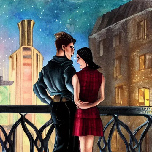 Image similar to short - haired tattooed heroic stoic handsome muscular blonde butch tomboy woman engineer standing beside dark fae feathered gothic jennifer connelly standing together on a balcony at night, in love, rocket factory in background, highly detailed, trending on art station, oil painting