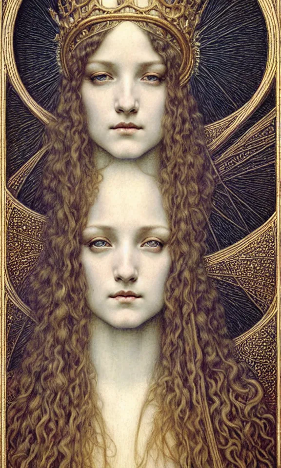 Image similar to detailed realistic beautiful young medieval queen face portrait by jean delville, gustave dore and marco mazzoni, art nouveau, symbolist, visionary, gothic, pre - raphaelite. horizontal symmetry