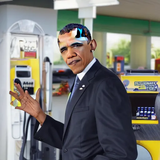 Image similar to barack obama, fresh fade haircut, the gas station, wearing gold chain, throwing hand signs, high resolution, realistic