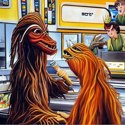 Prompt: a beautiful painting of jar jar binks working at McDonald's taking orders for a group of wookies