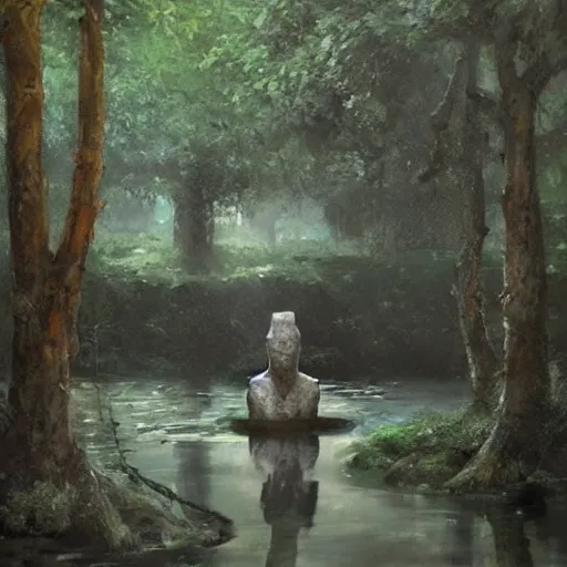 Prompt: stone golem resting at a pond inside a forest, oil painting, by Greg Rutkowski