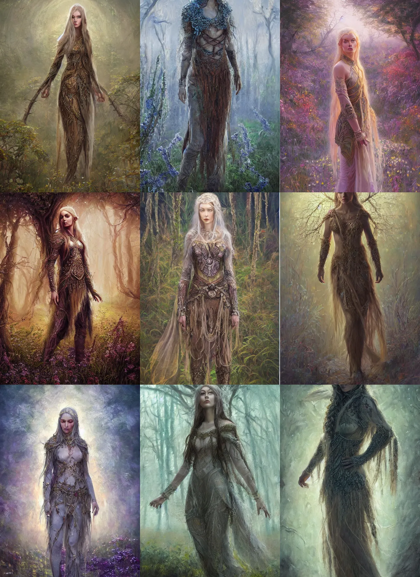 Prompt: a soft focus oil painting on canvas of beautiful full body concept art, beautiful faced elven female druid wearing full intricate clothing standing in a dystopian field, intricate lighting, micro detail
