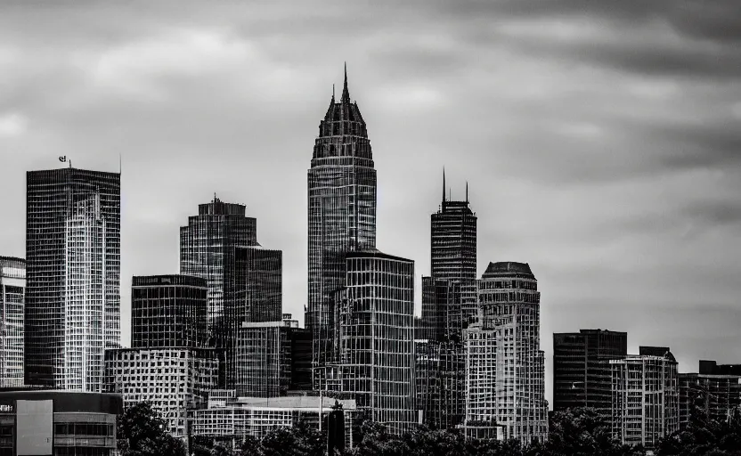 Image similar to photograph of Godzilla in Columbus Ohio, one point perspective, 1-point perspective, tilt shift, sigma 85mm f/1.4, 4k, depth of field, high resolution, 4k, 8k, hd, full color