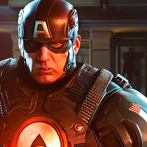 Image similar to donald trump as captain america in gears of war, splash art, maga, patriot, detailed face, movie still, cinematic lighting, dramatic, glowing, ray tracing, octane render, long lens, shallow depth of field, bokeh, anamorphic lens flare, 8 k, hyper detailed, 3 5 mm film grain