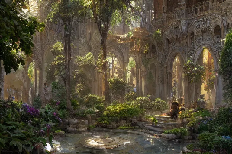 Image similar to extreme low angle shot of an open courtyard in a beautiful elven city made of ivory and silver, intricate, vivid colors, lush trees, flowers, ponds, fountain, subsurface scattering, volumetric lighting, concept art, fantasy digital painting by James Gurney, by Greg Rutkowski, trending on Artstation, highly detailed, 8k