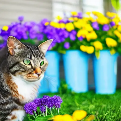 Prompt: photo of a cat drinking water surrounded by blue, purple, and yellow flowers in a modern house