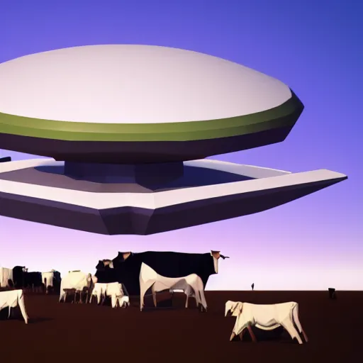 Image similar to isometric low poly render of a ufo flying over and abducting cows from a pasture. cows casting shadows.