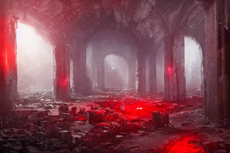 Prompt: an evil red light comes from a crypt in the center of the ruins with broken down walls, rubble all over the ground, midnight, fantasy painting of high quality, dramatic lighting, volumetric lighting.