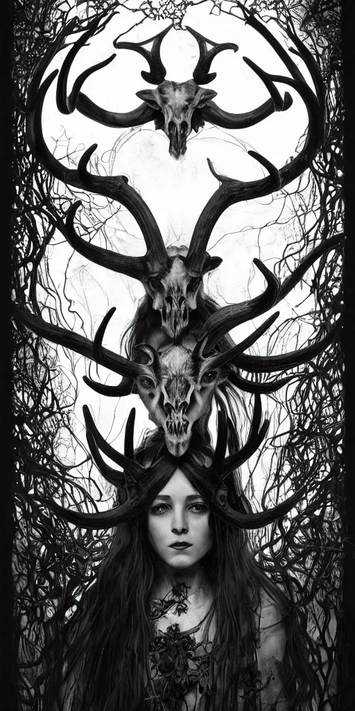 Image similar to intense glowing black metal pagan god with antlers and blood and intense glowing eyes with a goat skull in very dark forest by marco mazzoni and alphonse mucha, portrait, fantasy, clear, red and black and white, light beams, lens flare, intense, uhd, amazing depth, cinematic lighting