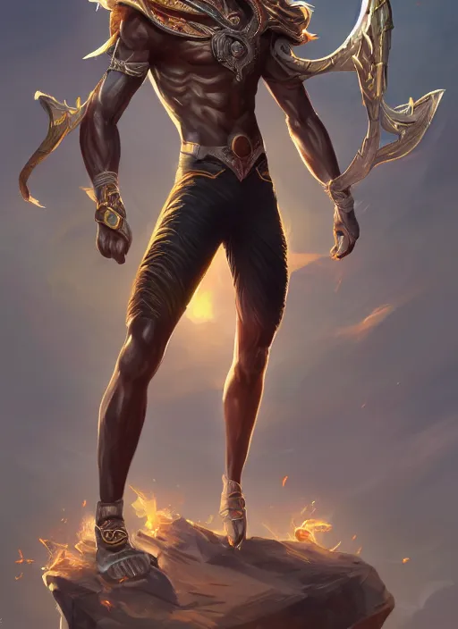 Prompt: a highly detailed illustration of attractive young african fire god with short hair, wearing track and field suit, heroic jumping pose, intricate, elegant, highly detailed, centered, digital painting, artstation, concept art, smooth, sharp focus, league of legends concept art, wlop